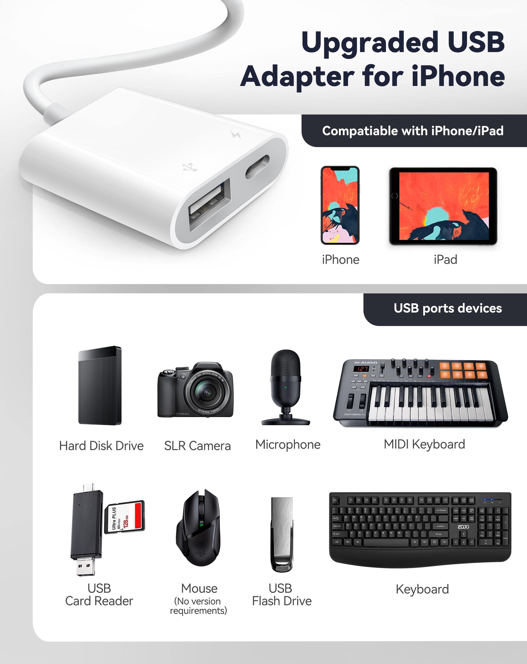 USB Adapter for iPhone iPad, iPhone to USB Adapter with Charging Port, USB3 Female Adapter Supports USB Flash Drive/Hard Disk/SD Card Reader/Microphone and MIDI, Plug & Play