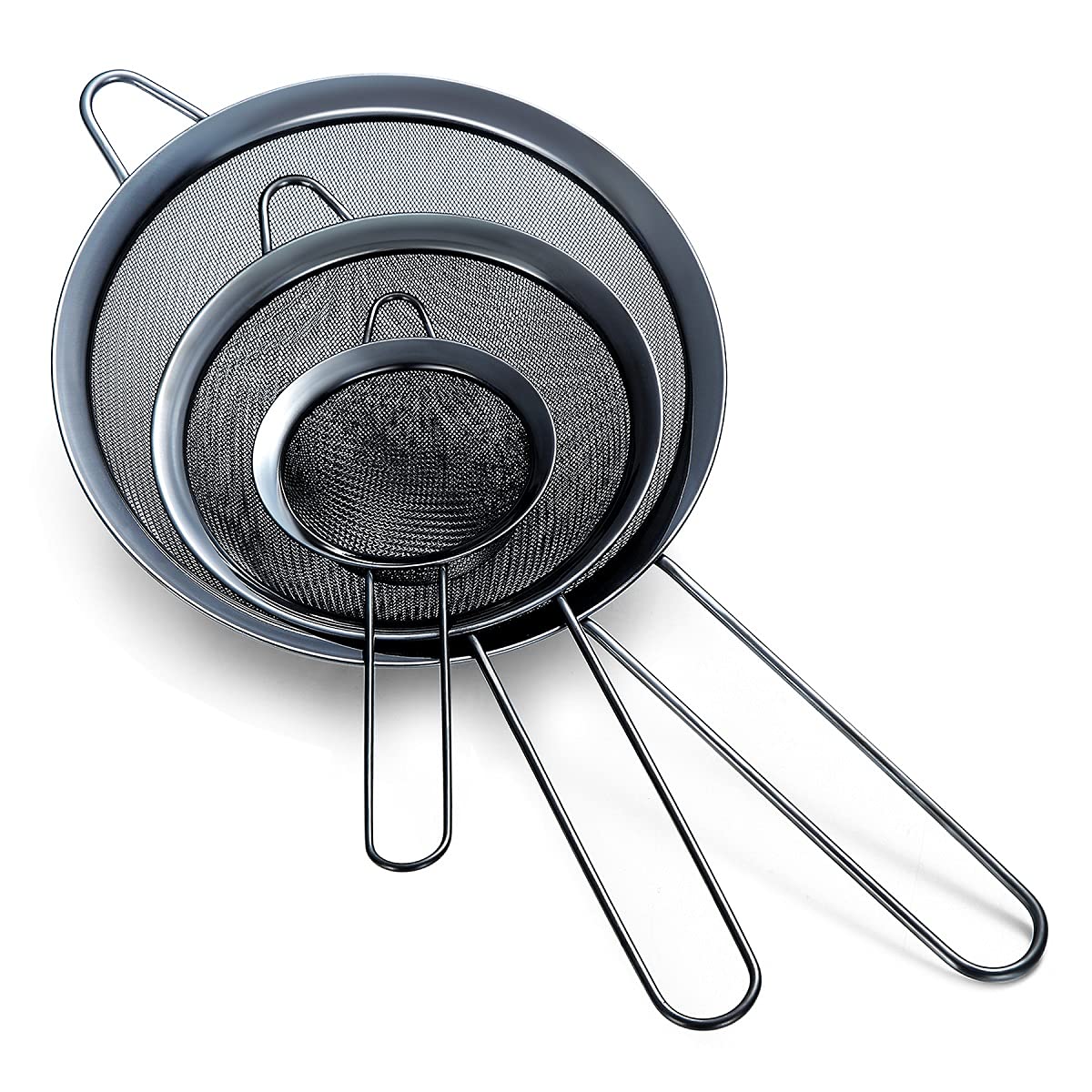Black Fine Mesh Strainer 3 Pieces Set, Black Flour Sifter For Baking, Stainless Steel Clander, Matcha Tea Strainer, Gravy Separator, Stasher Sieve Pasta Strainers
