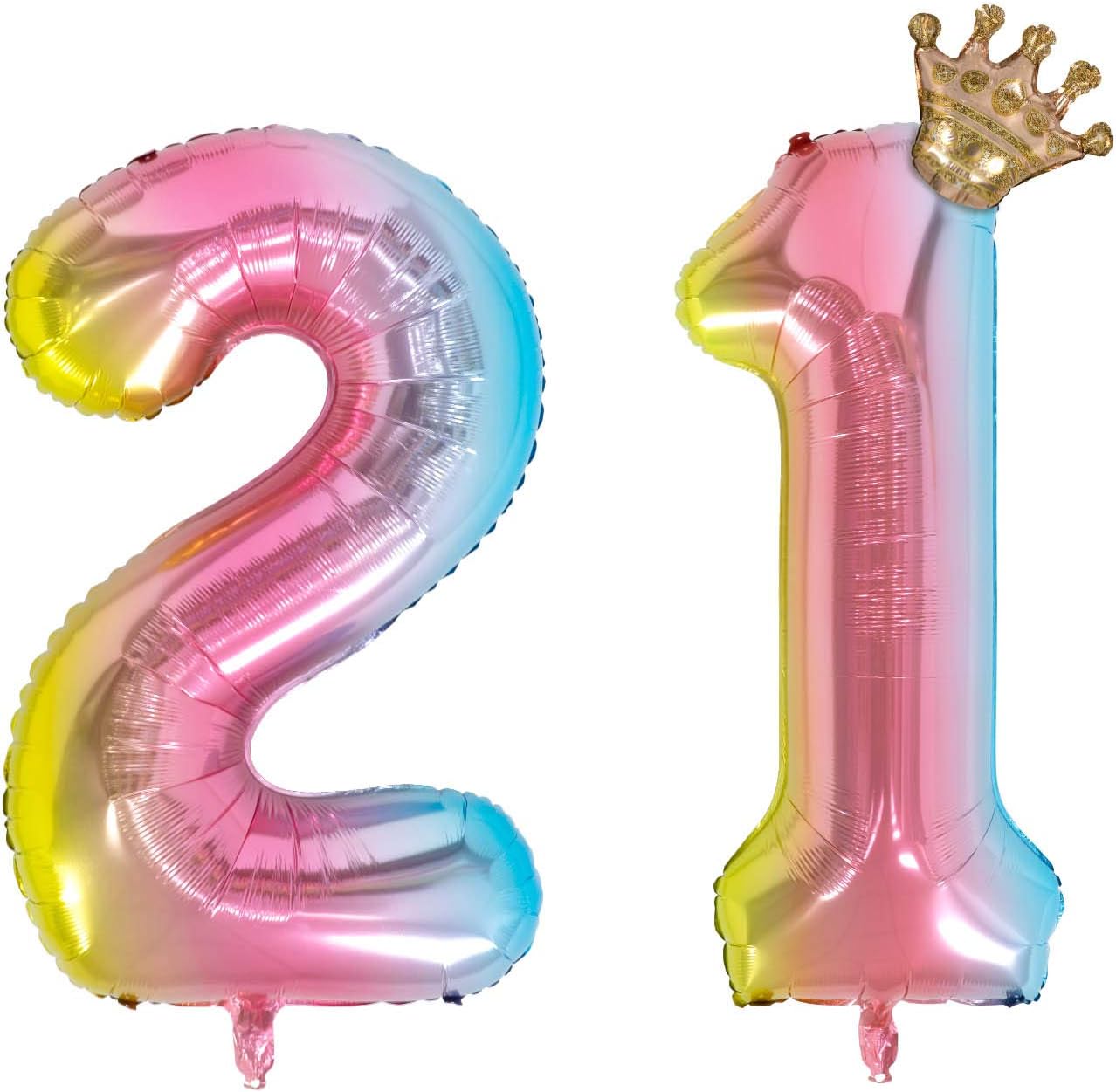 Rainbow Number 21 Whaline 40 Inch Jumbo Foil 21 Number Balloons with Princess Crown ...