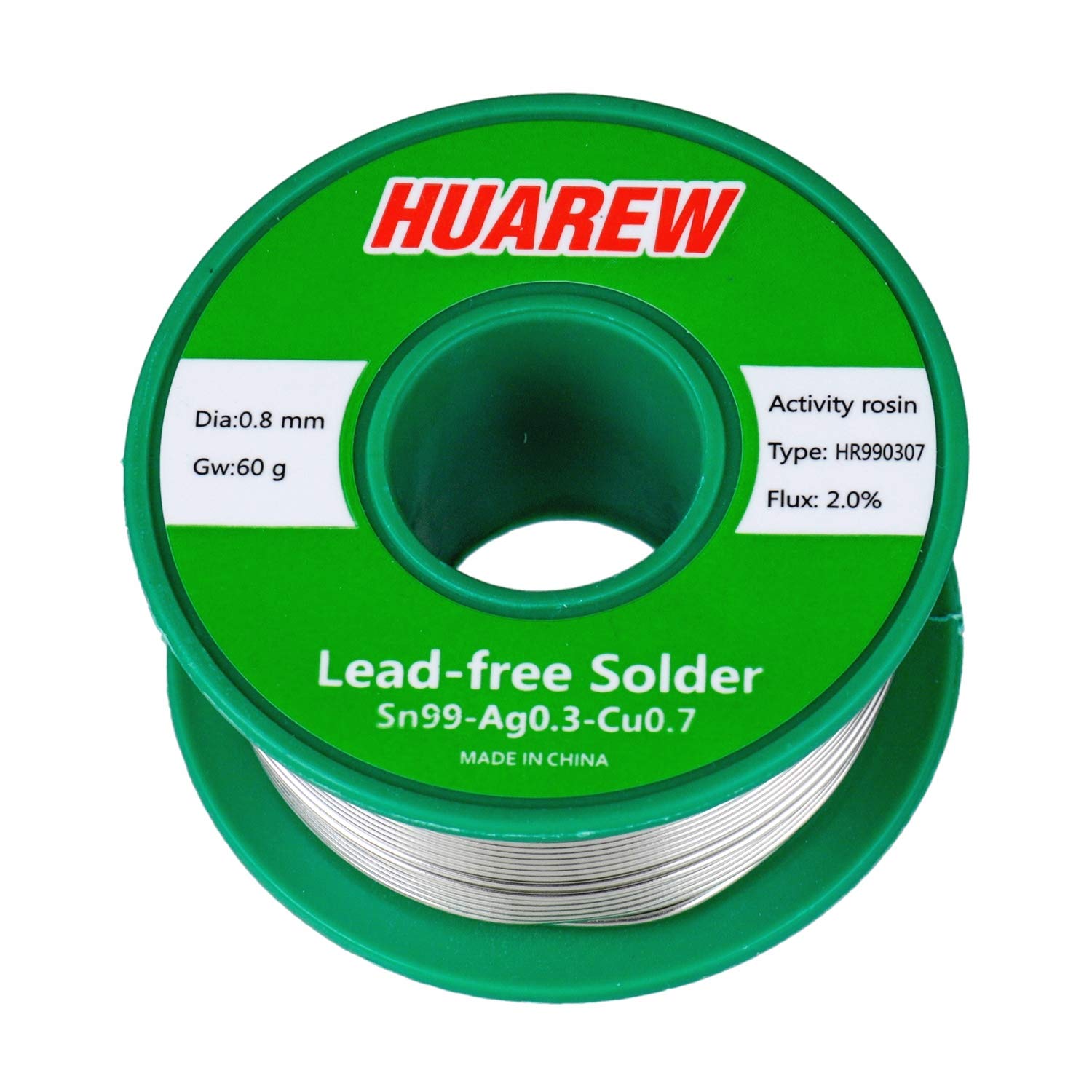 HUAREW HR990307 Sn 99-Ag 0.3-Cu 0.7 Lead-Free Solder Wire with Rosin core (0.8mm, 60g)