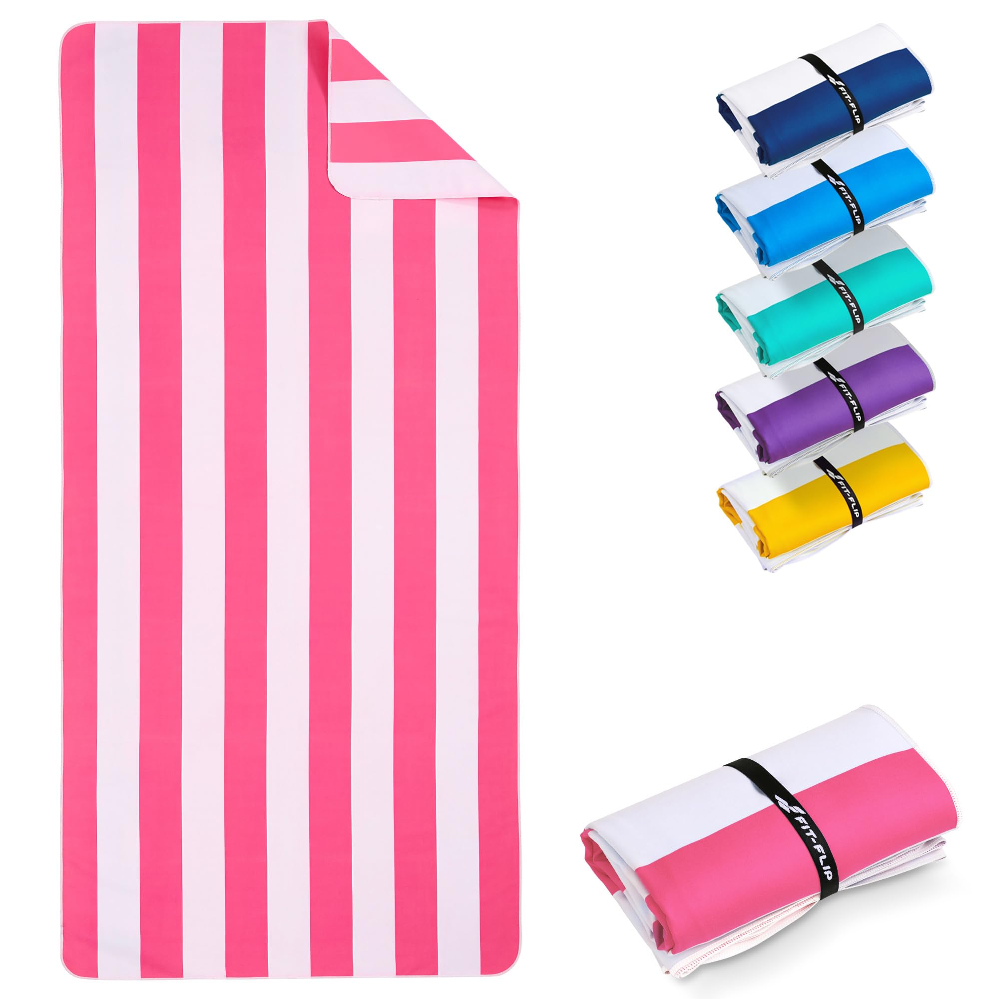 Fit-Flip Beach towel microfibre - large quick dry towels - for travel and swimming - lightweight, compact and super absorbent - sand free, 100% recycled - White-Pink stripes 200x90cm