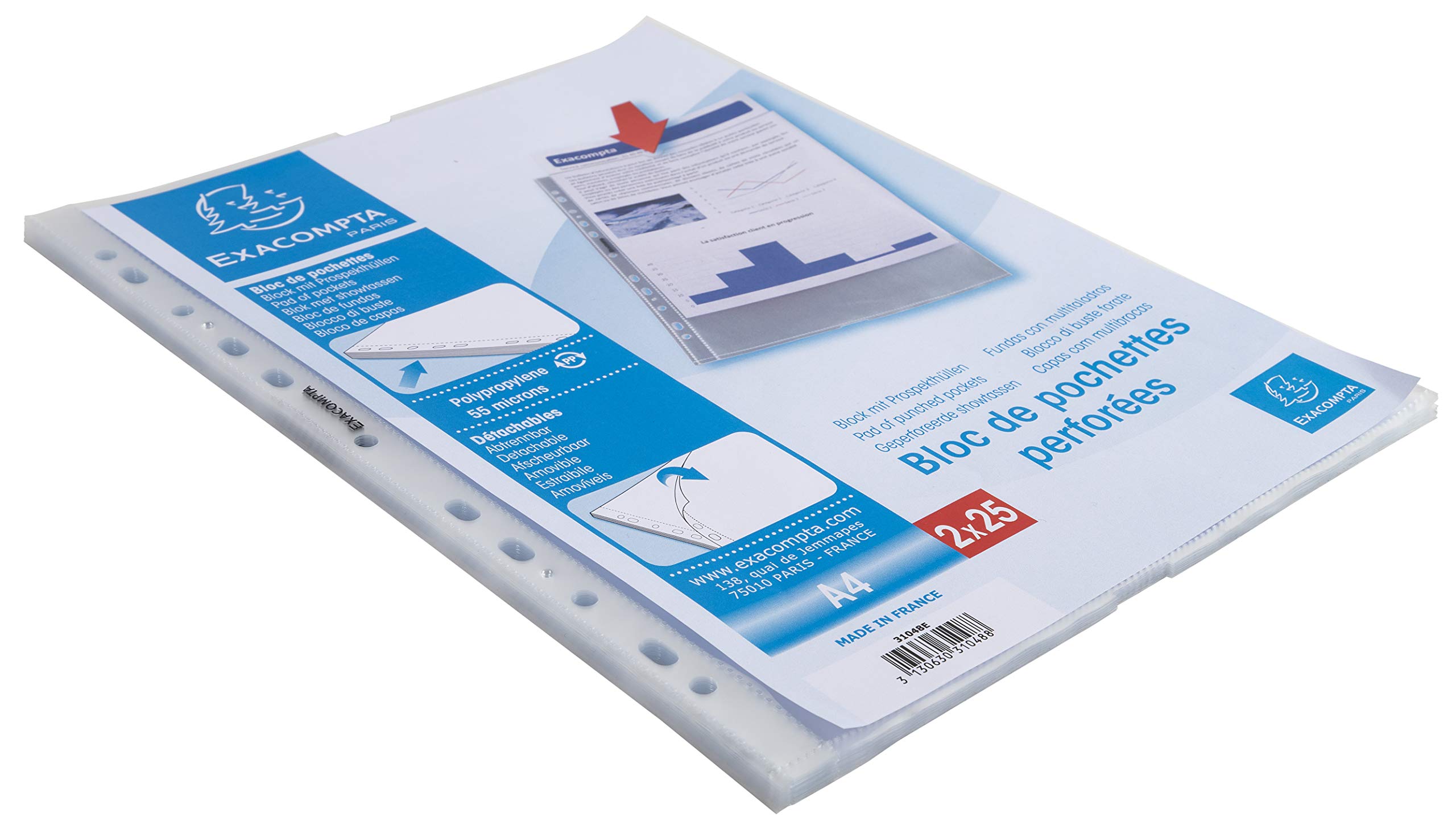 Exacompta - Ref 31048E - Smooth Polypropylene Punched Pockets - Suitable for A4 Documents, Anti-Crease, 0.05mm Thick Polypropylene, Tear-Off Block - Pack of 50
