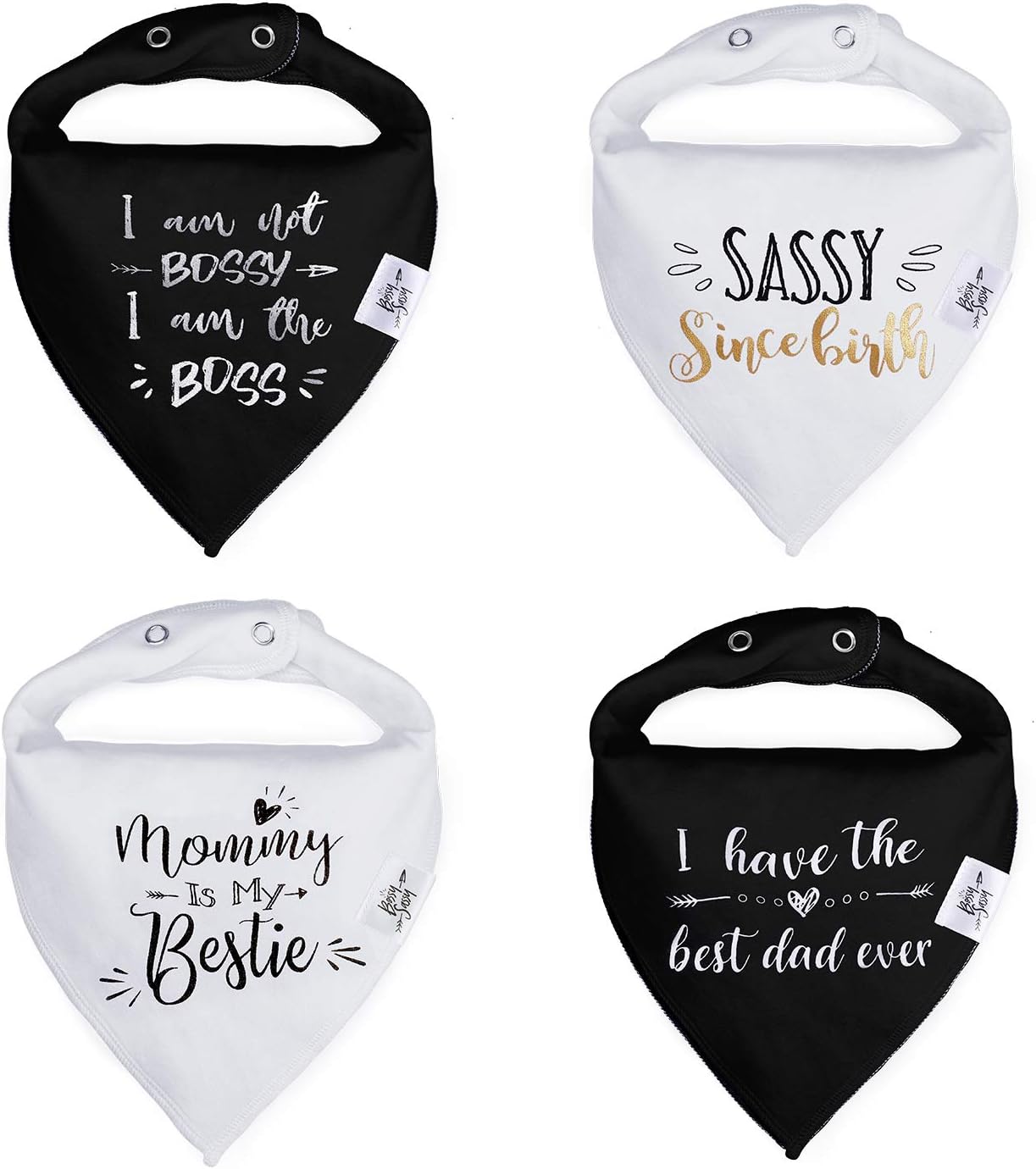 Baby Bandana Drool Bibs 4 Pack for Newborn - Black & White Baby Bibs with Inspiring Quote for Boys Girls Unisex - Best Baby Shower/Registry Gift by Bossy Sassy