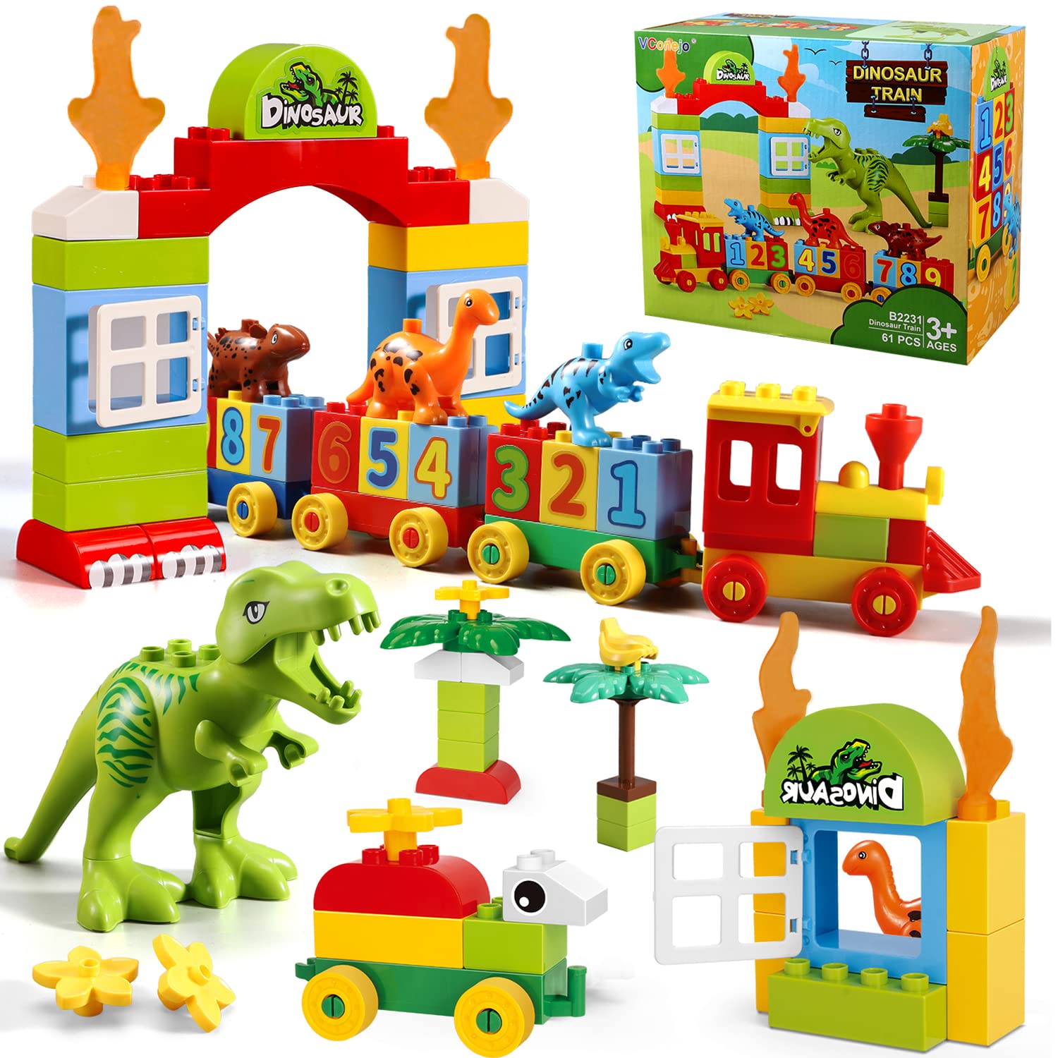 Photo 1 of Dinosaur Building Blocks Toys,Jurassic Theme Building Blocks,With A Counting Train,A Big T-rex,and Three Dinosaurs,Compatible With All Major Brands, Gift For Kids Toddlers Boys Girls Age 3,4,5,6,7,8+