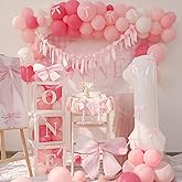 Pink Bow Birthday Decorations Girls Just Wanna Be One First Birthday Pink White Balloon Arch Backdrop High Chair Banner Balloon Boxes Crown Hat For Baby Girls