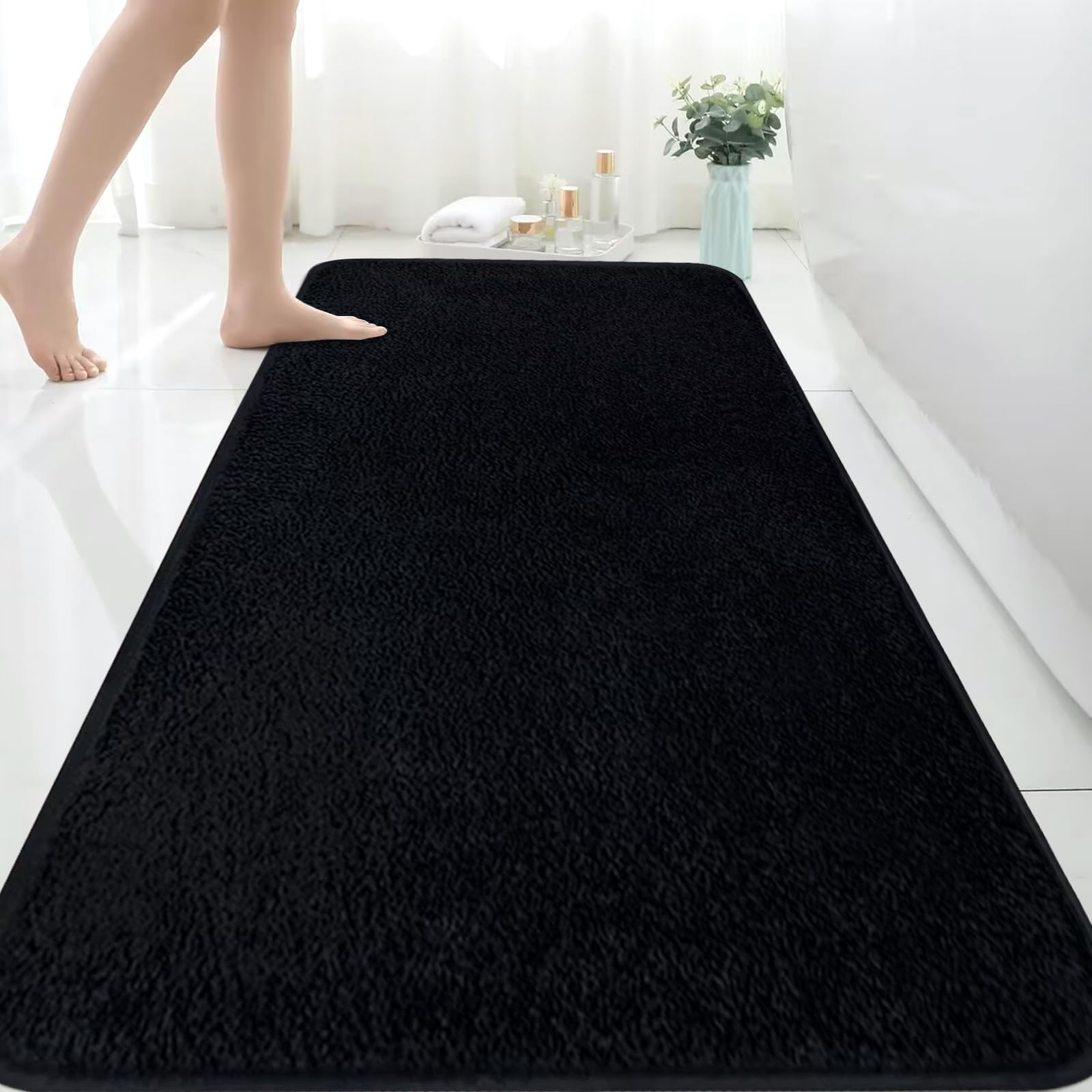 Rururug Extra Large Bath Mat, 150x60 cm Super Absorbent Microfiber Bathroom Rug, Non-Slip Anti-Mould Bath Mat, Machine Washable Long Bathroom Mat for Bathroom & Bedroom, Black