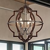 TACDANDM 23'' 6-Light Wood Farmhouse Chandelier for Dining Room Vintage Rustic Oak Brown Pendant Light Fixtures Globe Hanging