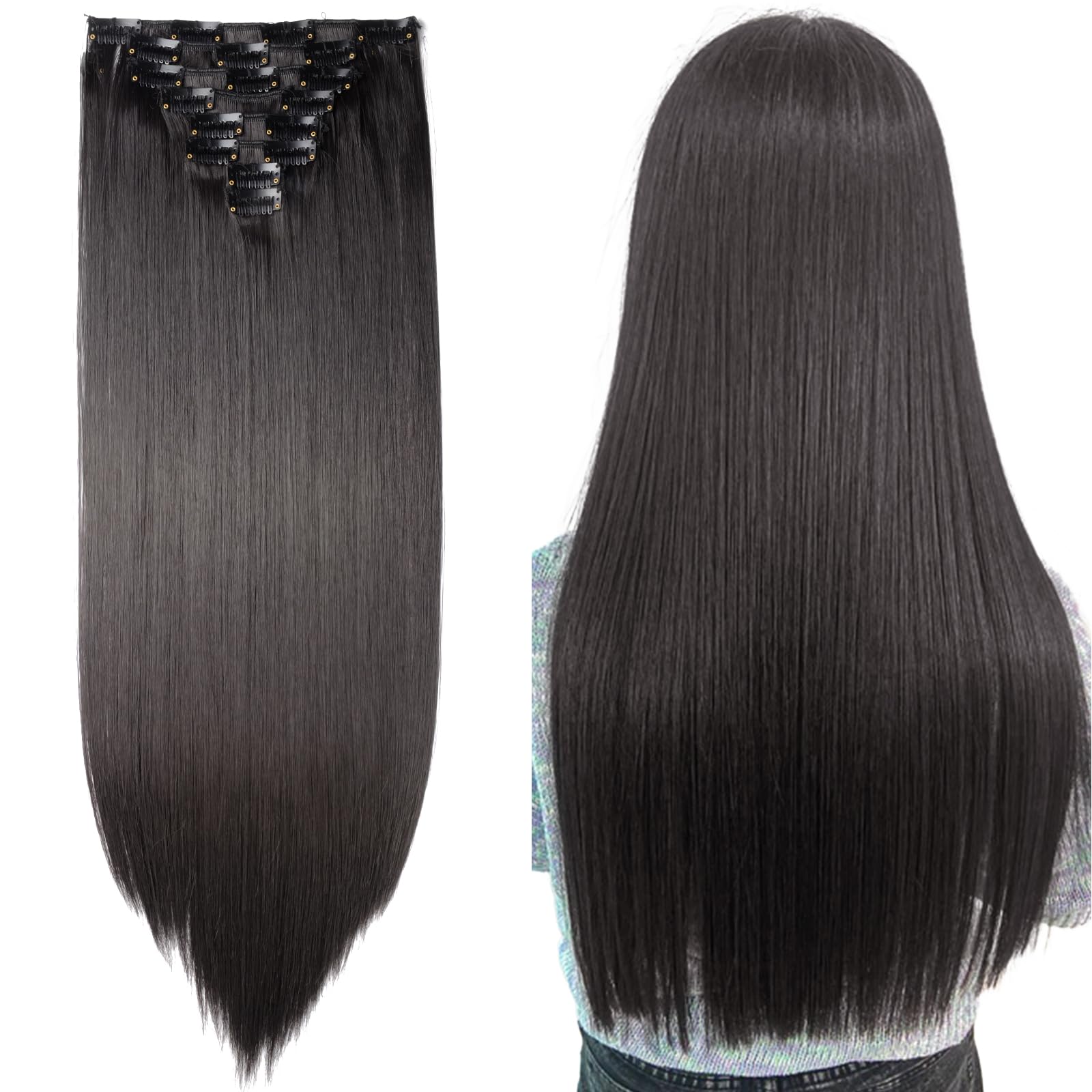 23" Clip in Hair Extensions Natural Black Hairpiece Synthetic Hair Extension 8pcs Hairpieces Long Straight