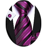 Barry.Wang Tie Sets for Men Silk Stripe Necktie Woven Checkered Handkerchief Cufflinks Formal Business Wedding