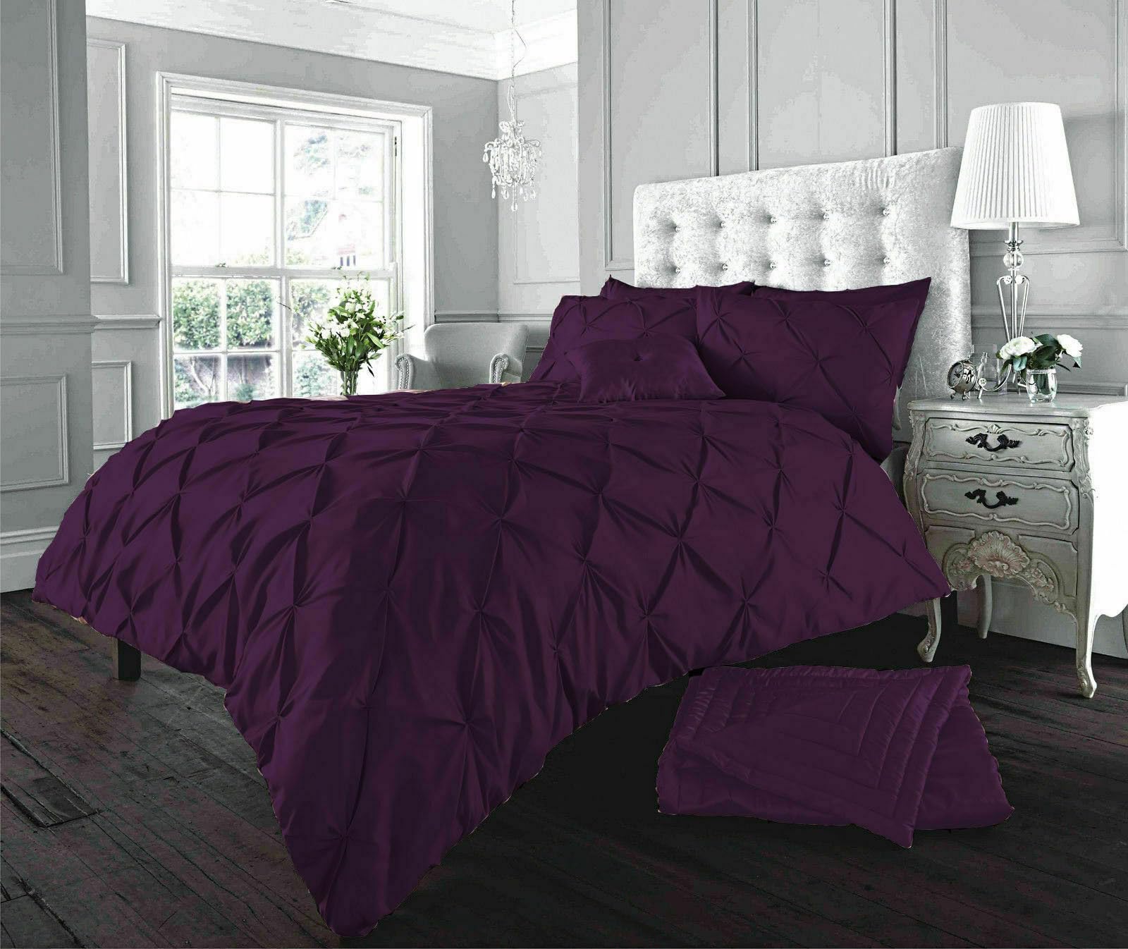 Velvet Stitch Alexander PinTuck Quilt Duvet Cover with Matching Pillow Case Reversible Comfortable Bedding Set (Plum, Double)