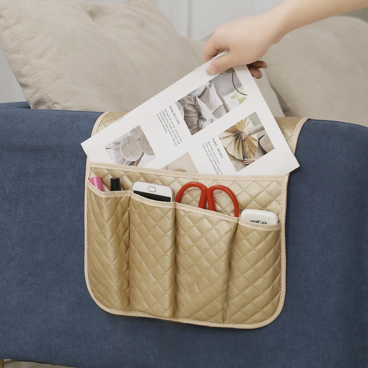 Hosoncovy PU Leather Sofa Armrest Organizer Couch Arm Storage Bag Sofa Arm Couch Caddy Anti-Spill Armrest Remote Control and Cellphone Organizer Holder (Gold)