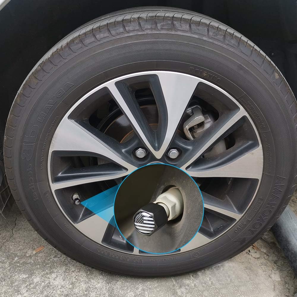 Amazon Jemall タイヤバルブステムキャップ ブラックアルミニウム ユニバーサルタイヤバルブキャップ アメリカ国旗付き 漏れ防止 クロムロック Lキー付き カーエアキャップカバー Suv オートバイ トラック 自転車 4パック エアバルブキャップ 車 バイク