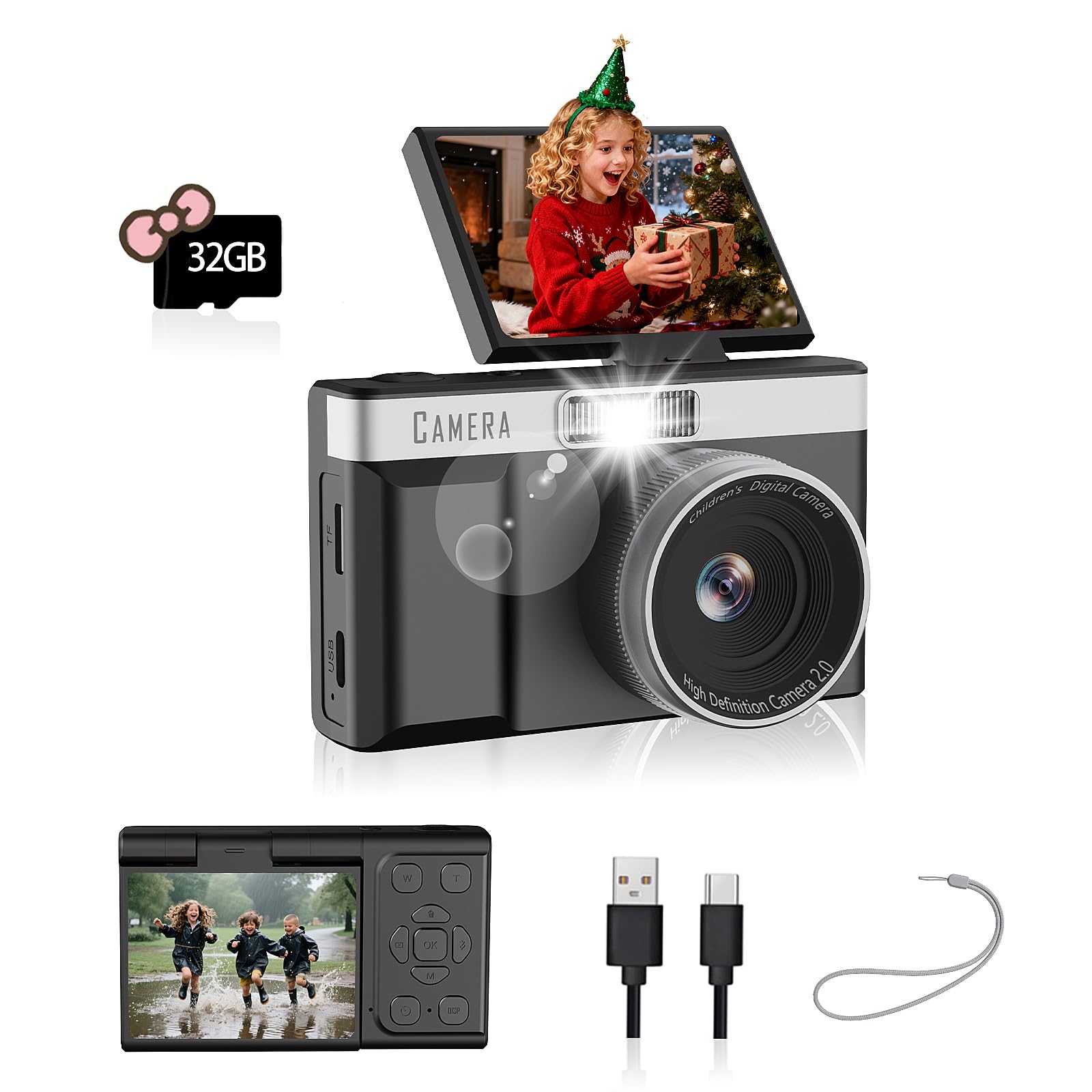 Photo 1 of Kids Digital Camera with 180° Flip Screen, 32GB Memory Card Compact Camera,1080P HD Point and Shoot Digital Cameras, Built in Educational Games,Ideal Gifts for Kids Boys Girls(Black)