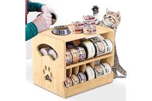 HOSASSPER Bamboo Cat Food Can Organizer. Upgraded 2-tier stackable design Holds 42 (3oz) cans. Perfect for pantry/kitchen Durable & space-saving pet food storage rack (Small)