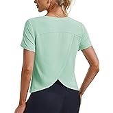 MAGCOMSEN Women's Workout Tops Short Sleeve Athletic Shirts Crop Split Back Tops Gym Running Quick Dry Loose Fit