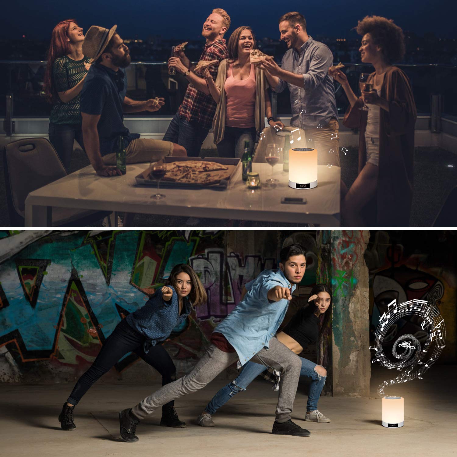 Lampe de Chevet avec Enceinte Bluetooth Musique Tactile Lampe de Table LED Multicolor Rechargeable avec Réveil, Horloge, Radio FM et Mains Libres Support Haut-parleur/Aux/Carte Micro SD Tikitaka