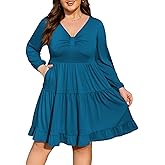 Manllenshie Women's Plus Size Casual Work Dress Long Sleeve V Neck Flowy with 2 Pockets Boho Tiered Ruffle Hem Dresses