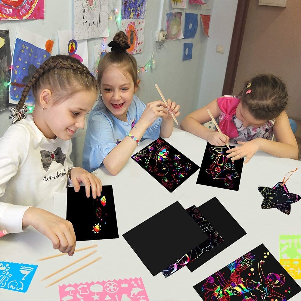 Mocoosy 60 Pcs Rainbow Scratch Art Paper for Kids, Magic Scratch Paper Set Art and Craft Kit, Black Scratch Sheets for Party Game Activities Birthday Gifts Toys Girls Boys 3 4 5 6 7 8 9 10 Years Old