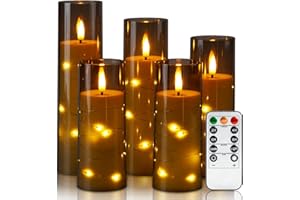 Homemory Flameless Candles with Star String Fairy Lights, Battery Operated Candles, LED Candle, Fake Candles with Remote Control and Timer, Modern Home Decor, Grey, Set of 5