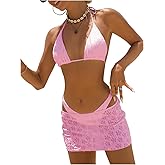 WDIRARA Women's 3 Piece Textured Thong Bikini Set Triangle String Halter Swimsuit with Cover Up Skirt