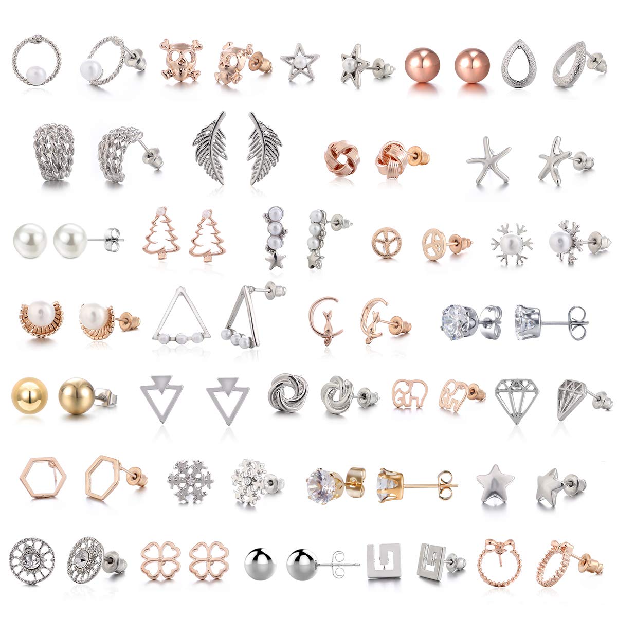 32 Pair Stainless Steel White Rose Gold Plated Cute Animal Cat Elephant Star Geometric CZ Faux Pearl Snowflakes Twise Geometric Peace Sign Symbol Small Statement Stud Earring Set for Girls Women