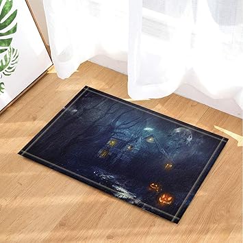 SHUHUI Dunkelbraunes Holzhaus und Horrorgelber Kürbis Halloween