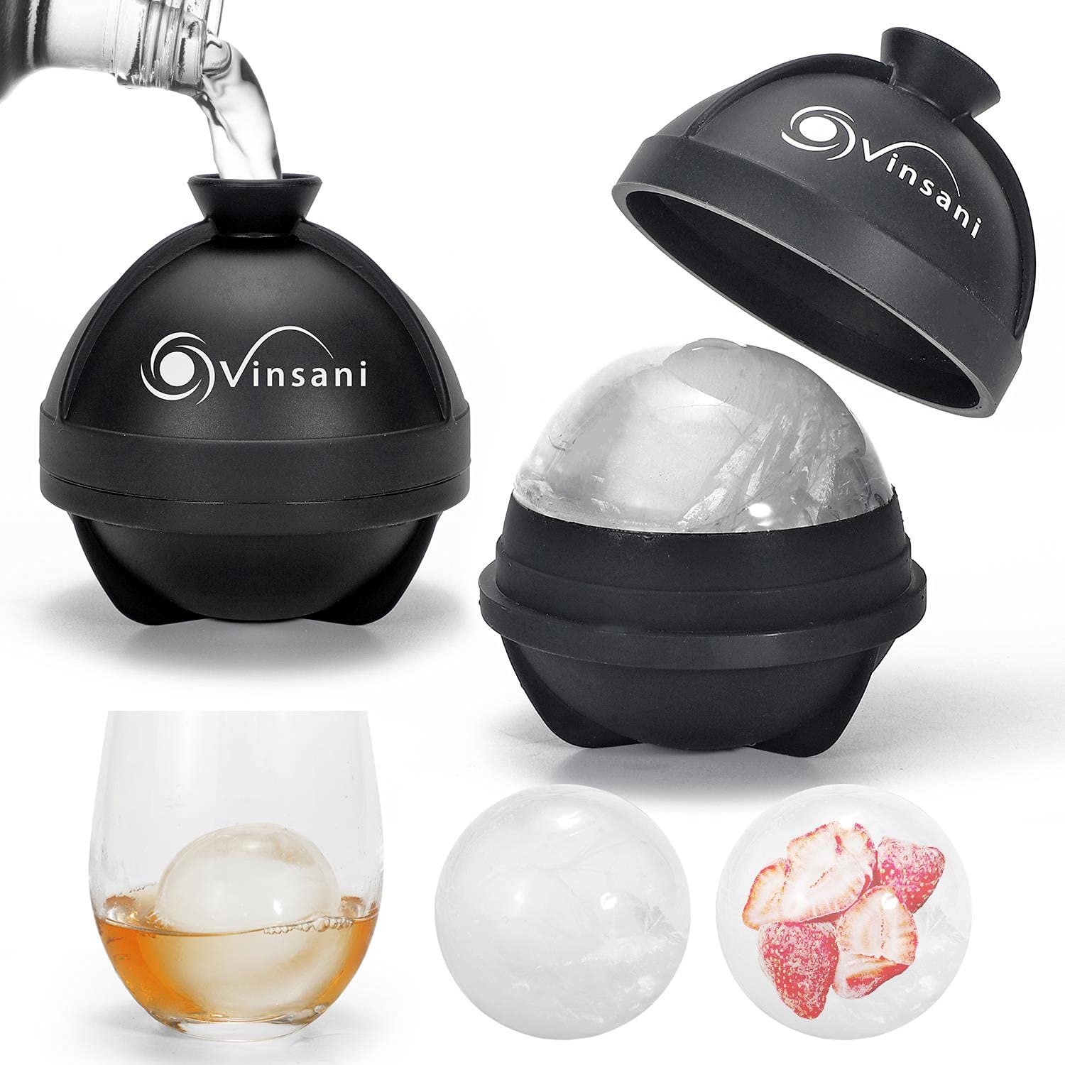 Vinsani 2 Pack Ice Cube Ball Moulds Reusable Sphere Shaped Ice Ball Maker Makes 2.5 Inch Large Ice Balls for Whiskey & Cocktails