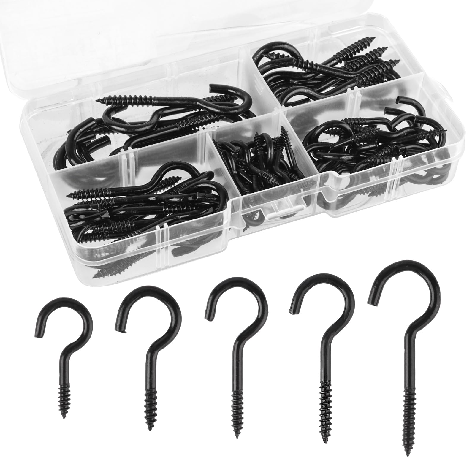 WEFINEST 75 Pcs Screw in Hooks Outdoor, Multi-Size Ceiling Hooks Carbon Steel Wall Hook Screw in, Metal Screw Hook for Hanging Plants, Cups, Kitchen Cabinet Shelf, Outside Lights (Black)