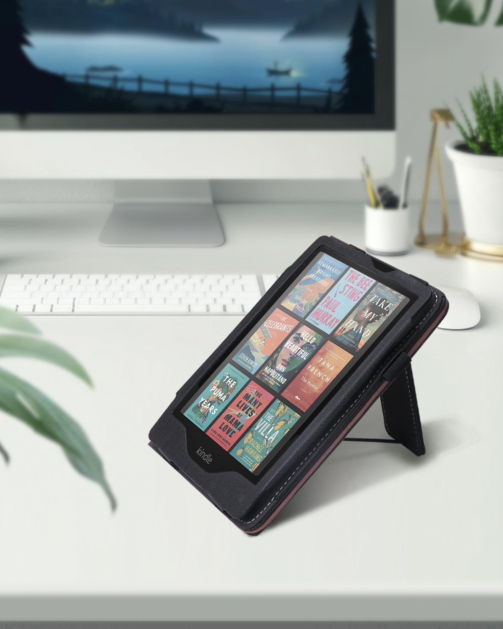 WALNEW Stand Case for 7-inch Kindle Paperwhite 12th Generation (2024 Released) and Kindle Colorsoft Signature Edition, Two Hand Straps Shell PU Leather Cover with Auto-Wake/Sleep