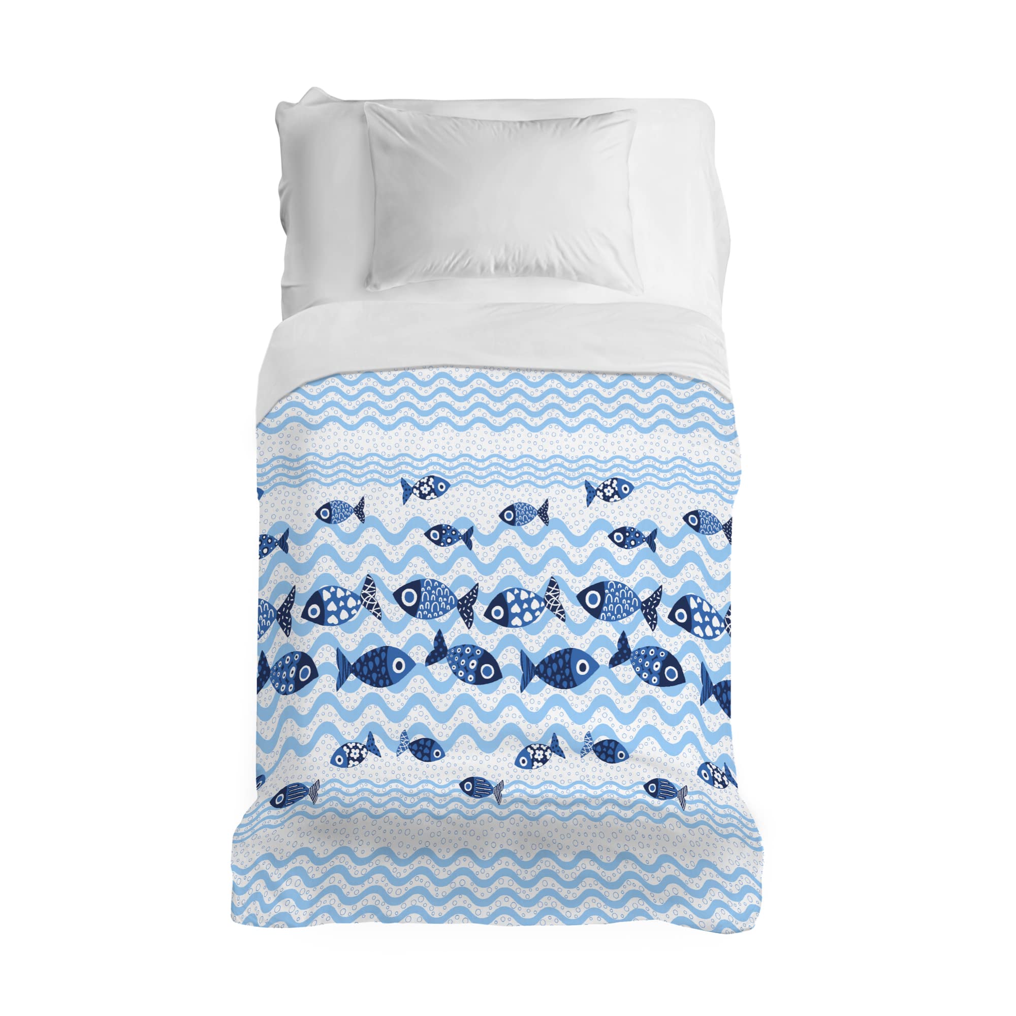 PENSIERI DELICATI Bedspread 170 x 280 cm, Single Sheet 100% Cotton Pique, Ideal as a Furniture Cover, 1 Square Bed Blanket, Blue Fish Pattern, 100% Made in Italy — image 1