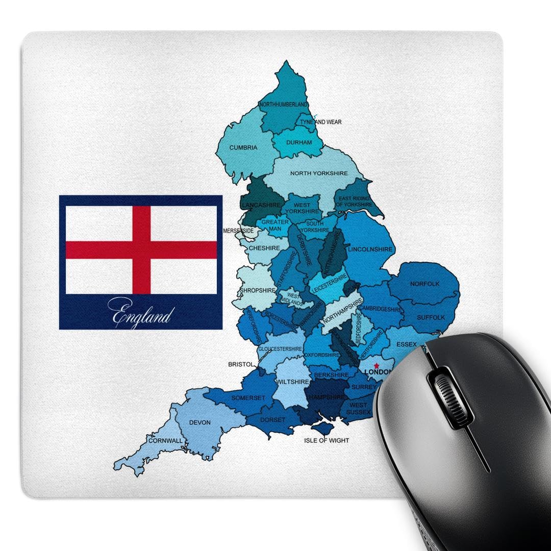 3dRose mp_165729_1 8" x 8" Flag and Map of England with All Regions Colored and Named Mouse Pad