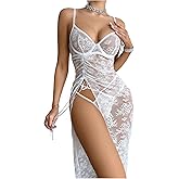 SHENHE Women's Lace Nightgown Lingerie High Slit Long Mesh Dress and Thong Bridal Lingerie Set