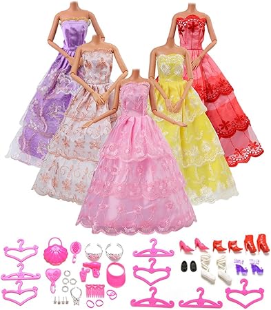 Amazon Asiv 5枚 手作り プリンセスドレス 結婚式ドレス バービー人形 アクセサリー 靴 バッグ ミラー ハンガー 帽子 くし ブレスレット ピアス ランダム スタイル おもちゃ子供用 ドレス アクセサリー おもちゃ