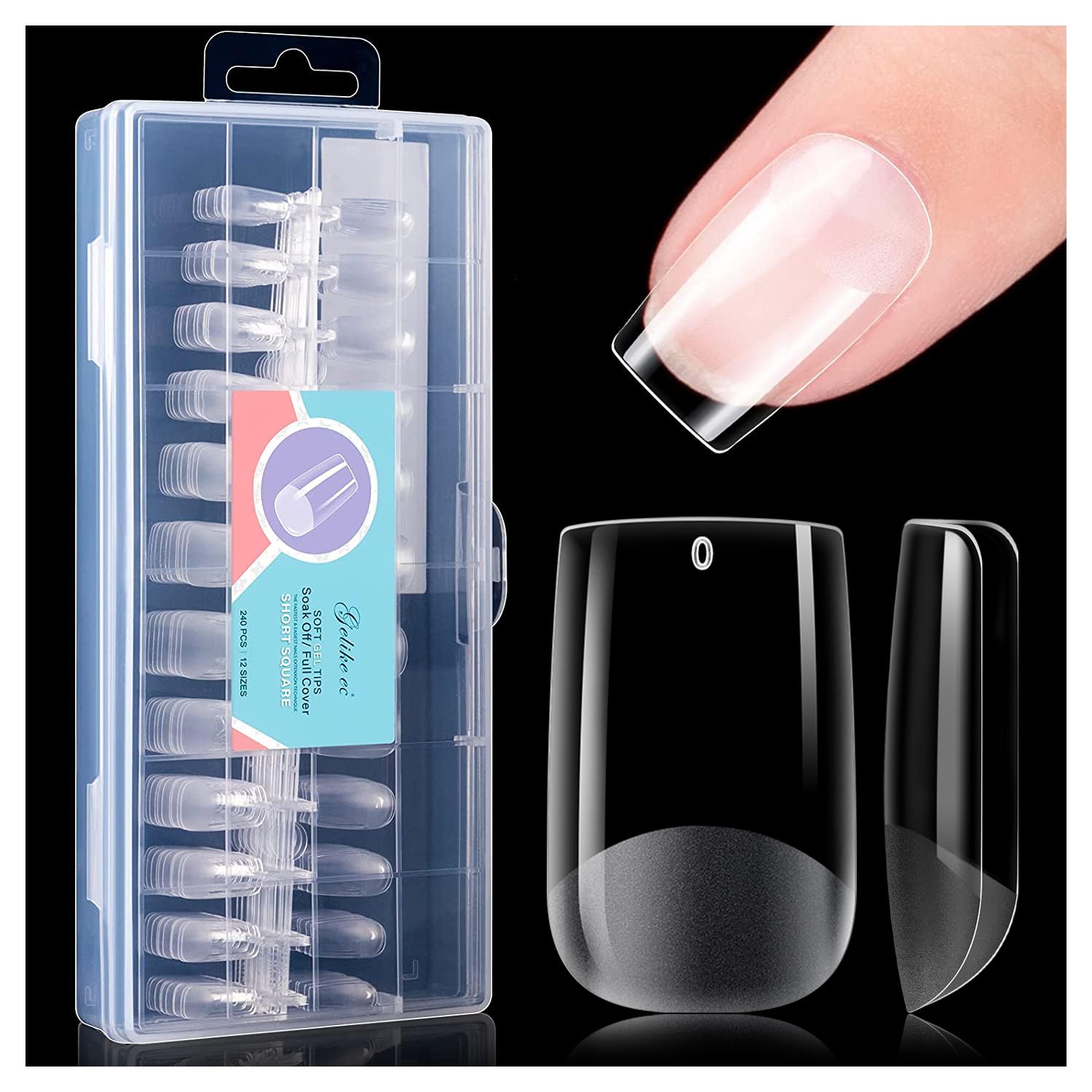 Gelike ec Short Nail Tips 240PCS Clear Fake Nails for Soak Off Nail Extension, Pre-Buff Soft Gel Nails Tips Break Resistant Full Cover Fake Nails 12 Sizes-SHORT SQUARE