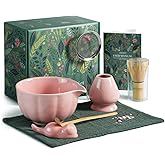 Domaci Pink Matcha Whisk Set, 7 Pcs Matcha Kit Includes Matcha Bowl with Spout, Bamboo Whisk, Chasen Holder, Sifter, Scoop and Rest, Tea Towel, Matcha Making Kit Tools for Family/Friend