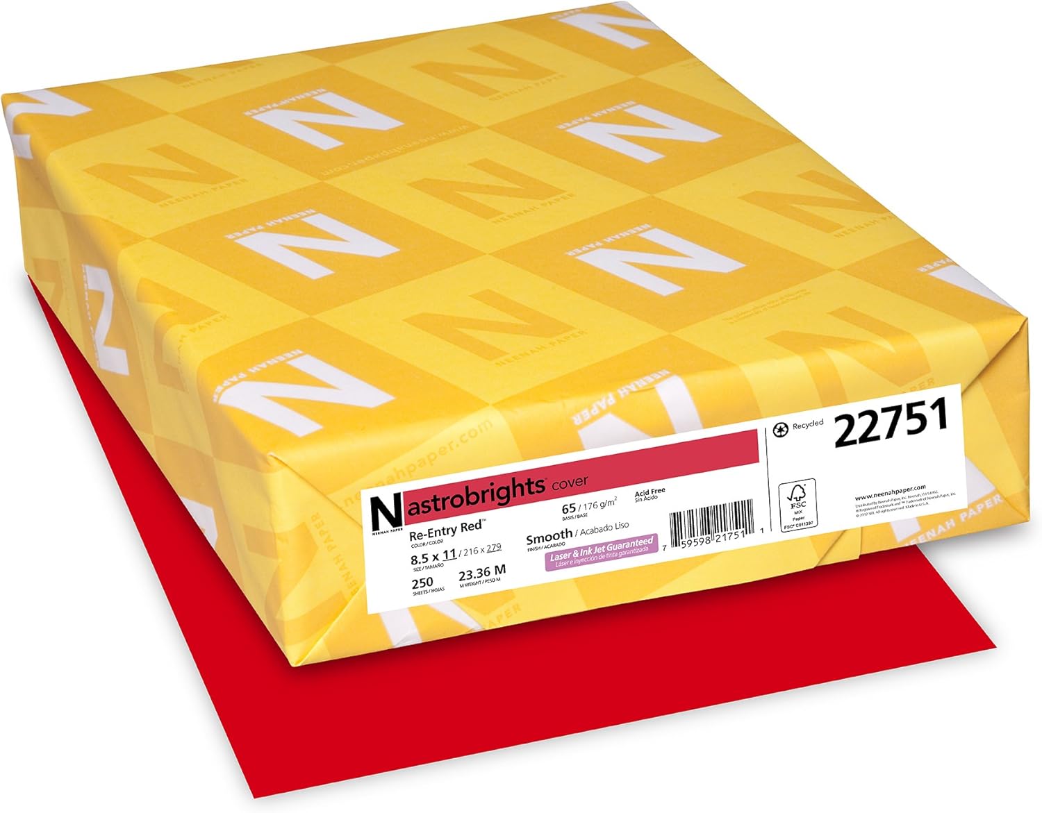 Neenah Astrobrights Premium Color Card Stock, 65 lb, 8.5 x 11 Inches, 250 Sheets, Re-Entry Red : Red Card Stock : Office Products