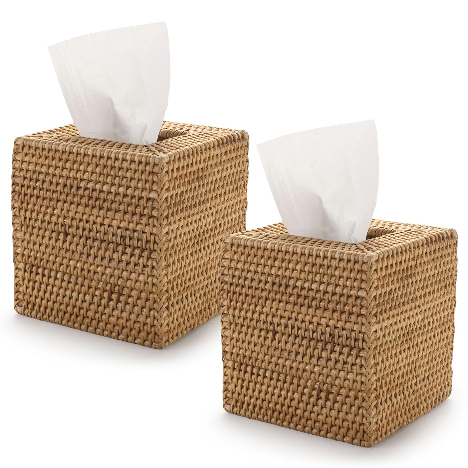 Photo 1 of 2 Pack Rattan Tissue Box Cover Square, Hand Woven Wicker Tissue Holder, 5.5 x 5.5 X 5.7 inch, Natural