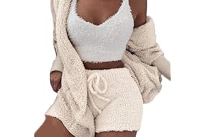 VNVNE Womens Sexy Fuzzy Warm Sherpa Fleece 3 Piece Outfit Fleece Coat Jacket Outwear and Spaghetti Strap Crop Top Shorts Set