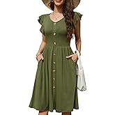 Lamilus Women's 2026 Summer Casual Swing Knee-Length Dress: V-Neck Ruffle Sleeves, Front Button Down with Side Pockets