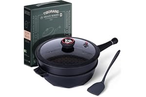 TIBORANG 8 in 1 Multipurpose 11 Inch 5 Quart Heat Indicator Nonstick Deep Frying Pan with Glass Lid,Steamed Grid,PFOA-Free,Di