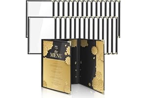 Flexzion Trifold Menu Covers 8.5 x 11 Inch (30 Pack) - Triple Stitched Menu Holder with 3 Pages 6 Views - Transparent Clear M