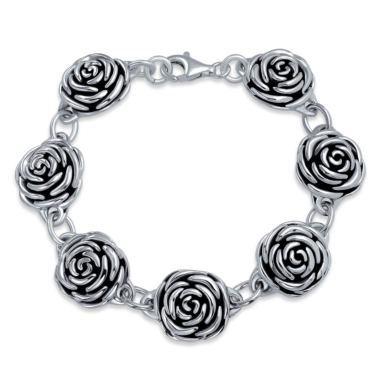 Bling Jewelry Antiqued Finish Large Statement 3D Garden Flower Black Rose Bracelet For Women Girlfriend Oxidized .925 Sterling Silver 7.5 Inch