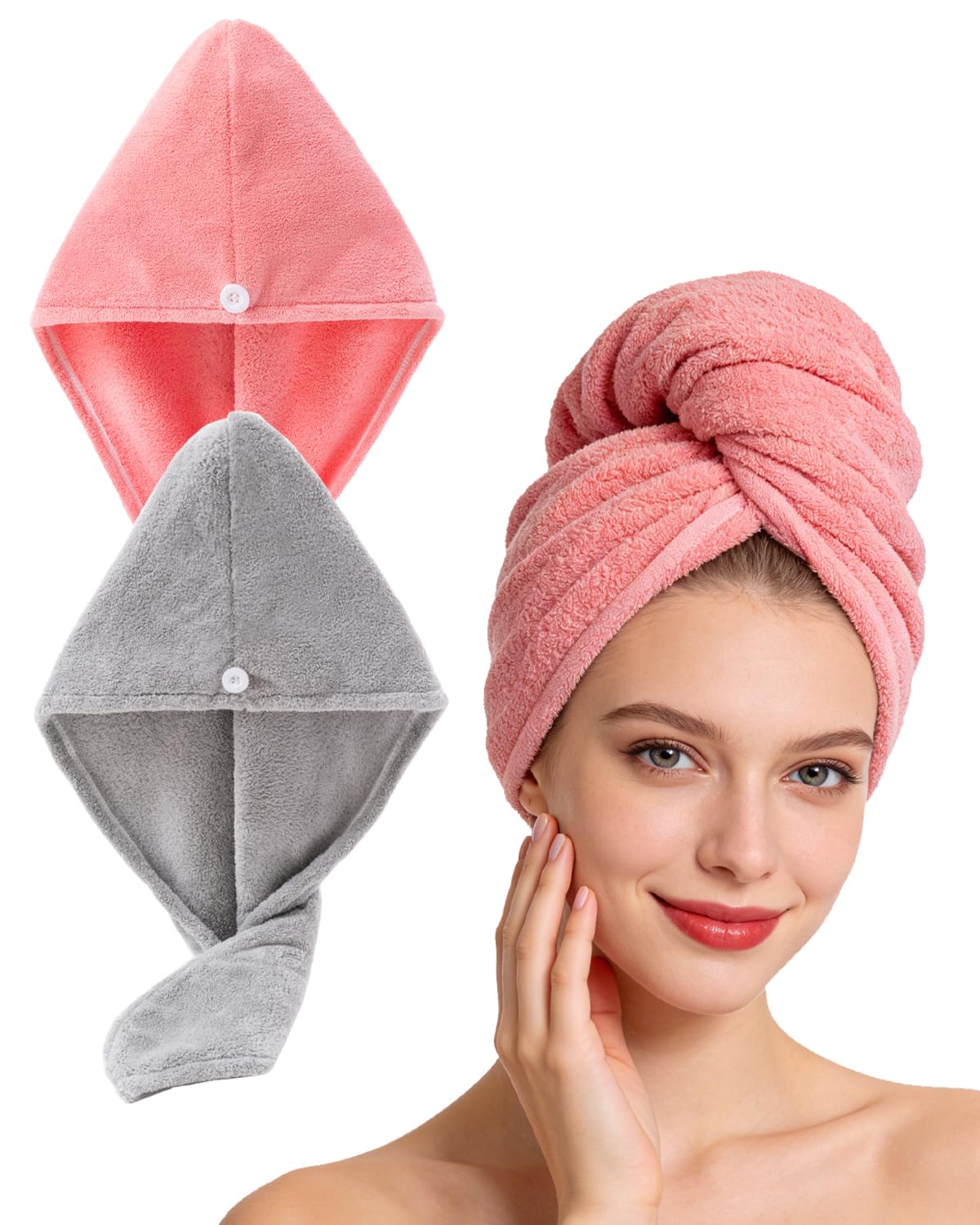Lumimi Bath Pre Dry Hair Towel 2 Pack Quick Dry Hair Super Absorbent Lightweight Turban with Button Hair Drying Wrap Shower Wellness, Red Grey