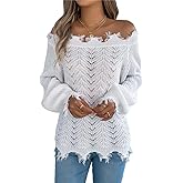 Women's Distressed Off-Shoulder Sweater - Lace-Up Cutout Pullover with Long Sleeves, Breathable Loose Fit Knit Top