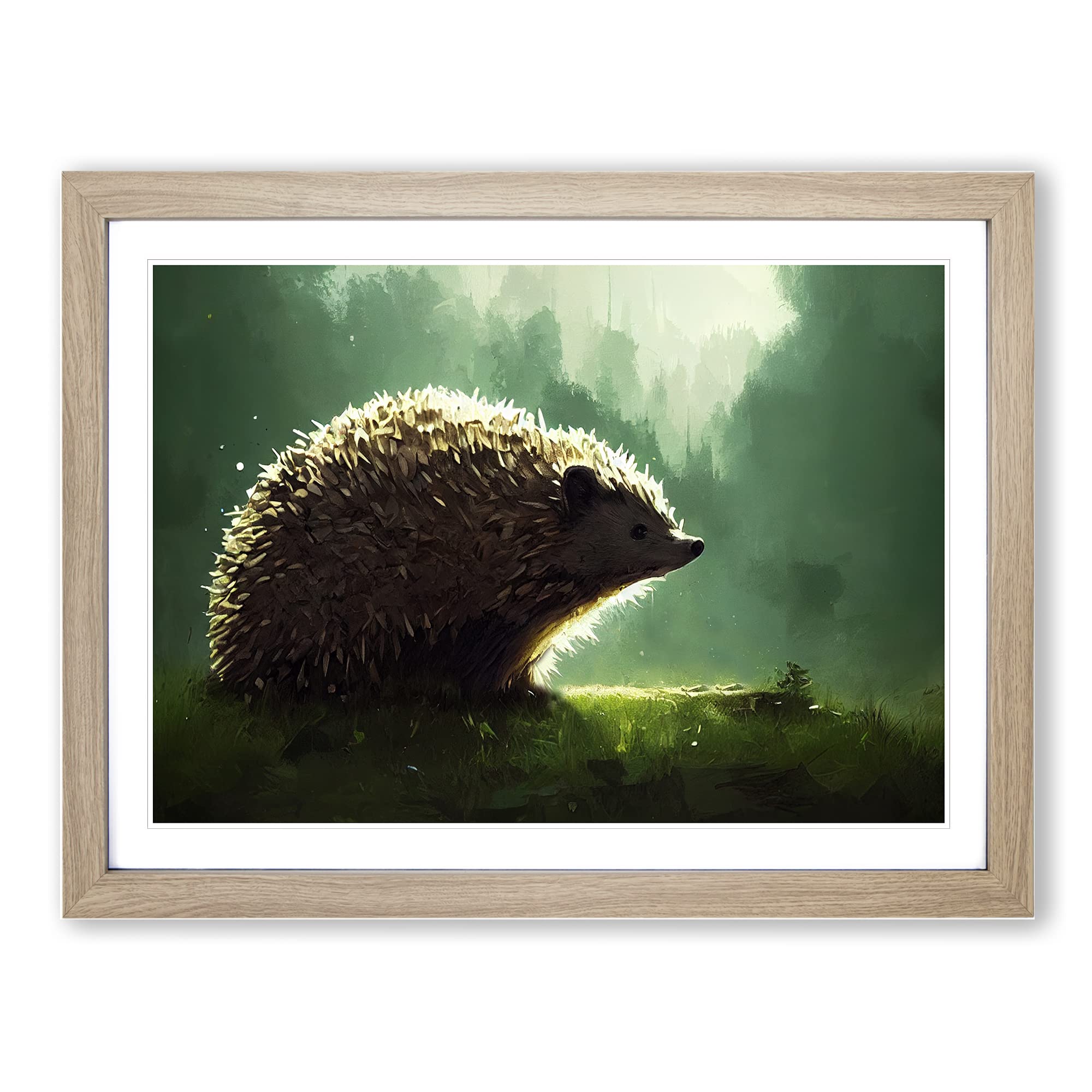 Hedgehog Art Painting Vol.1 Framed Print | A3 Oak Framed Wall Art | Ready to Hang | Modern Historical Picture | Living Room Bedroom Lounge Office