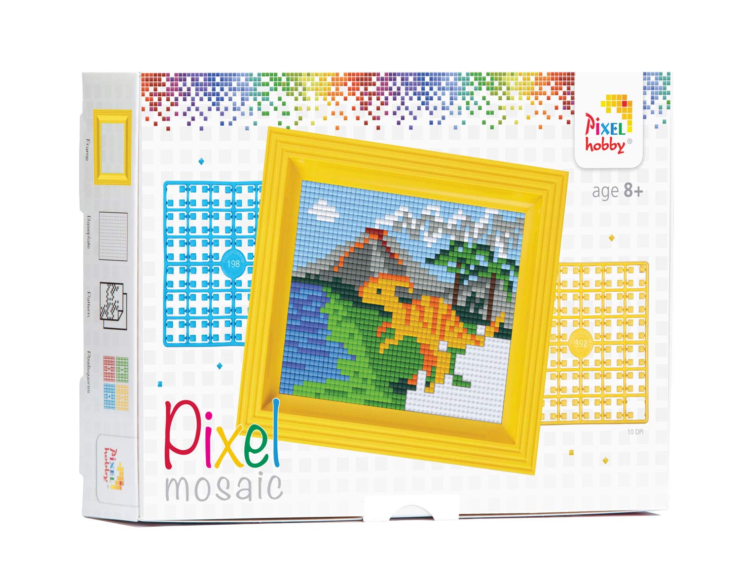 Pracht Creatives Hobby P31256 Mosaic Box Dinosaur Pixel Picture with Frame Boys and Girls as a Small Gift, Bag, Children's Birthday Party, Colourful