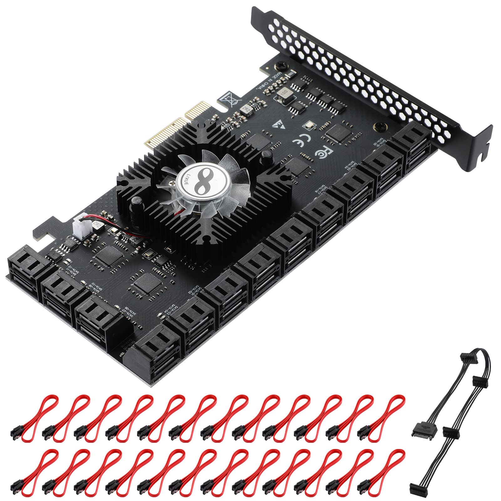 MZHOU 24-Port PCIe SATA Expansion Card - 24 SATA Gen III 6Gb/s Ports, Supports PCIe 4X/8X/16X Slots (Chip 6*ASM1064+1*ASM1812)