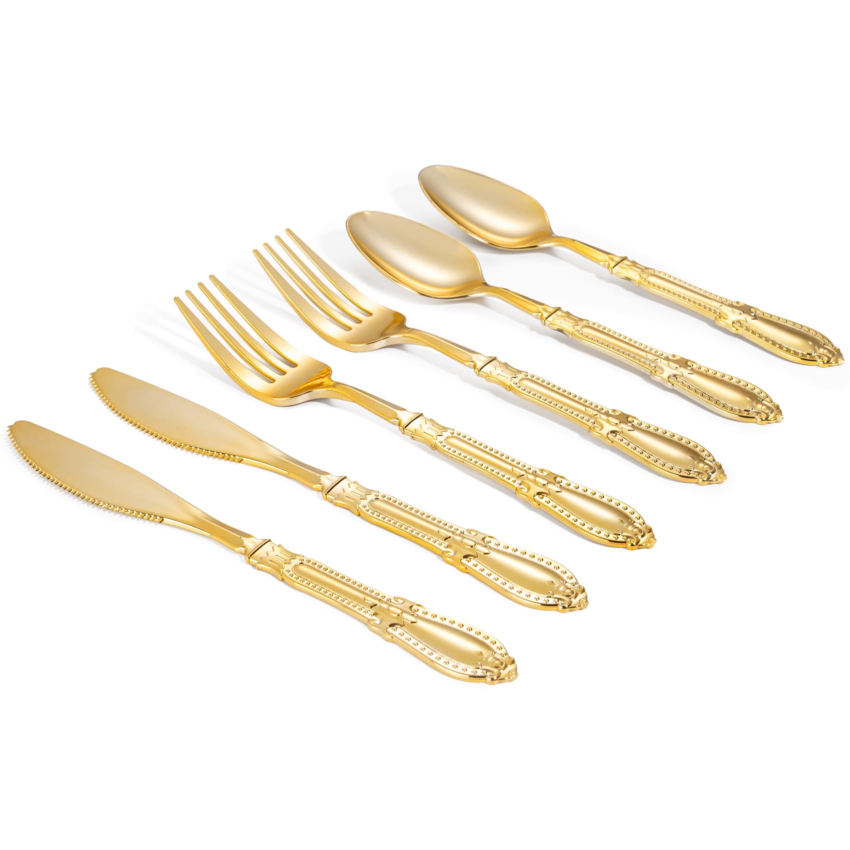Photo 1 of Nervure 300PCS Gold Plastic Silverware - Heavy Duty Disposable Cutlery Set,Luxury Gold Plastic Utensils include 100Pcs Forks, 100Pcs Spoons, 100pcs Knives Perfect for Wedding,Party,Daily Use