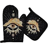 Mingnei Tarot Evil Eye Halloween Oven Mitts and Pot Holders Set, Heat Resistant Potholder Kitchen Decor for Cooking Baking BBQ Grilling, Goth Tarot Oven Glove Set, Gothic Witchy Gifts