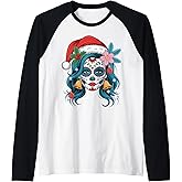 Christmas Sugar Skull Art Woman Santa Hat Festive Design Raglan Baseball Tee